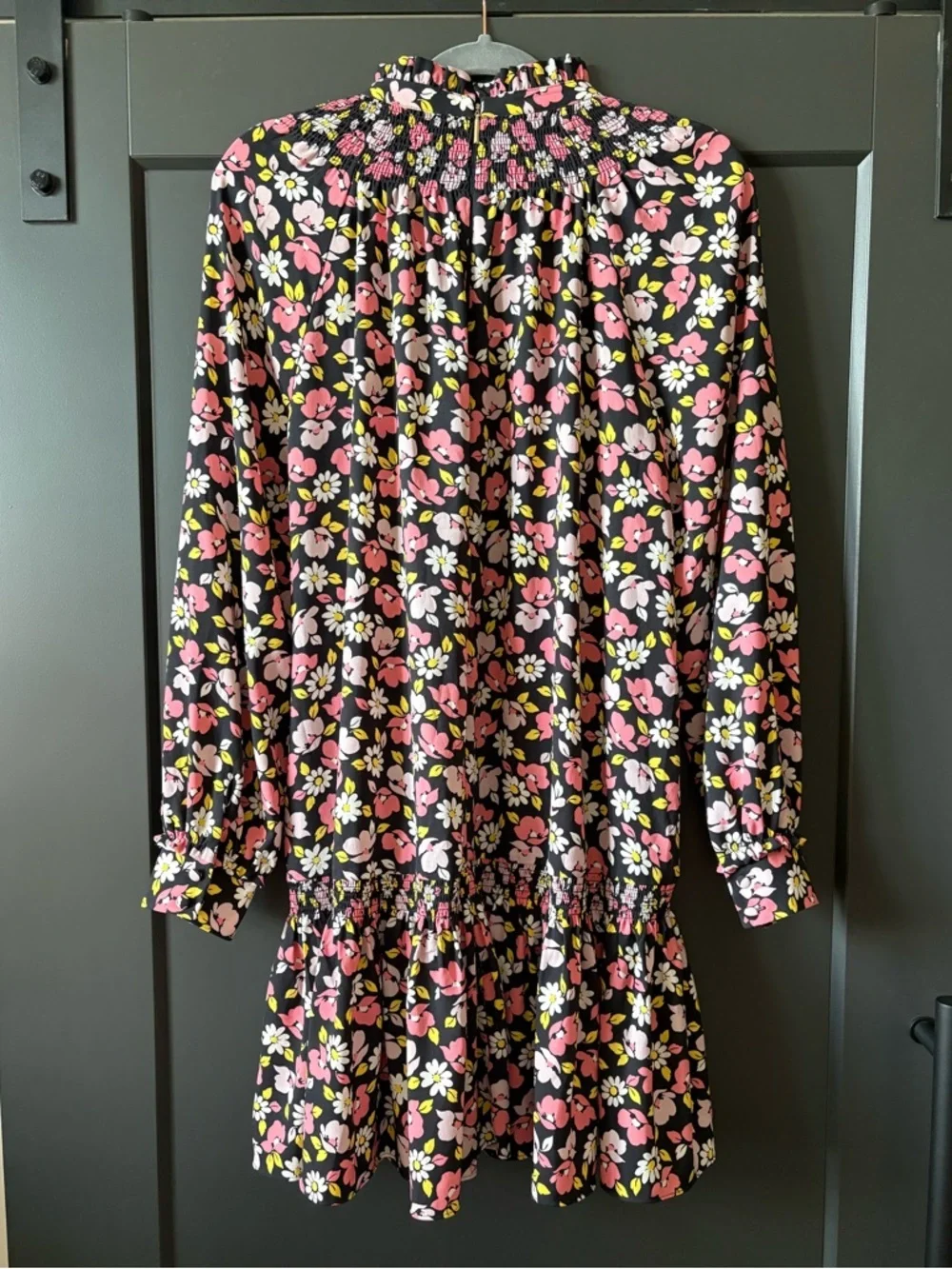 kate spade Black Floral Smocked Neck Dress with Pink & White Flowers